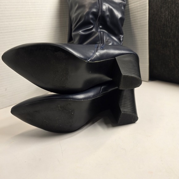 JustFab LIA Knee High Boots Navy Blue Faux Leather Block Heel Size 10 - Picture 6 of 7